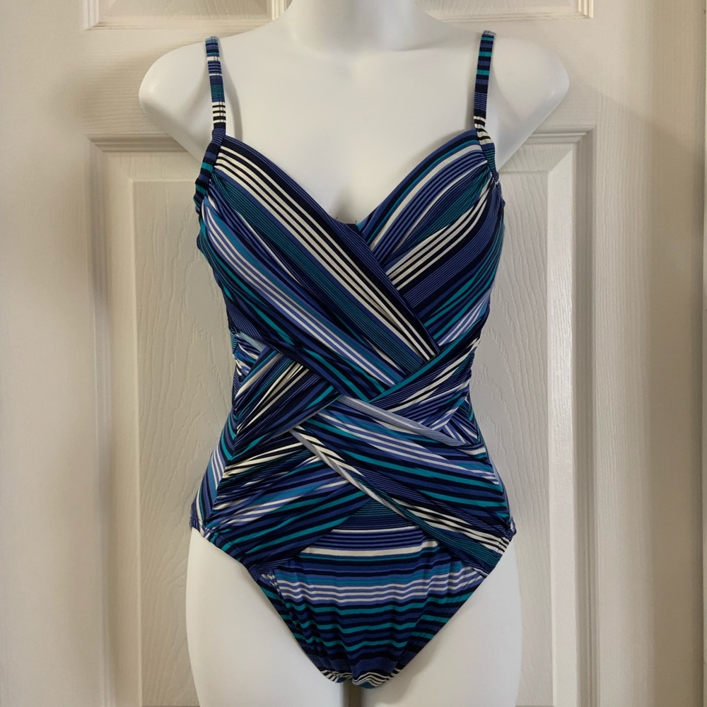NWOT Merona Blue Striped Draped One Piece Size S - Picture 1 of 7